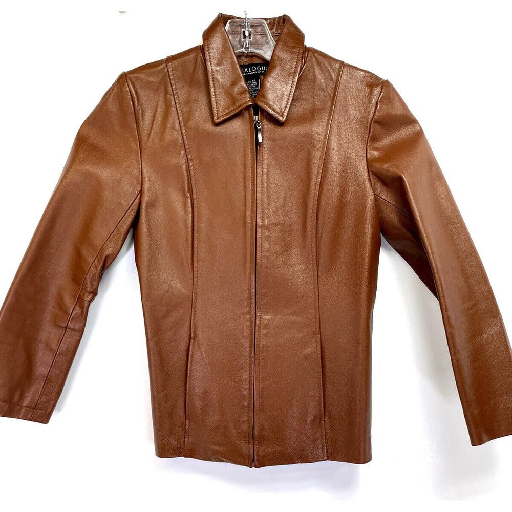 Dialogue Womens Sz XS full Zip Up Brown Leather Bomber Jacket